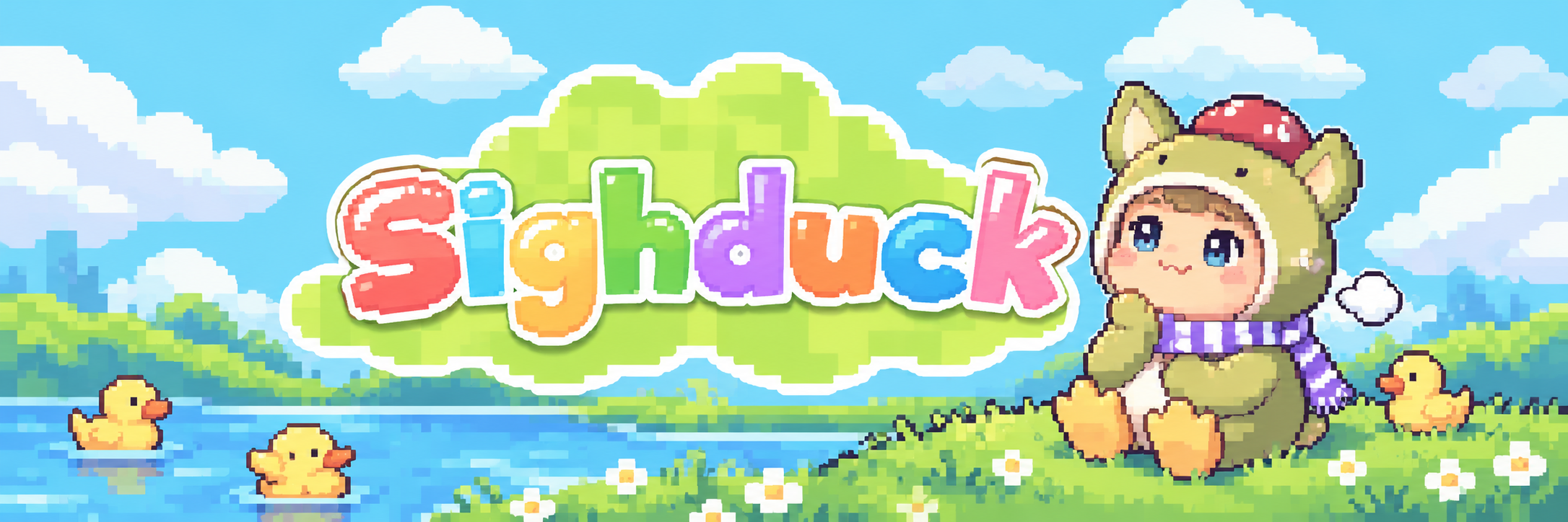 Wide pixel scene of Sighduck beside a pond, with yellow ducks, flowers, and the name Sighduck in colorful letters