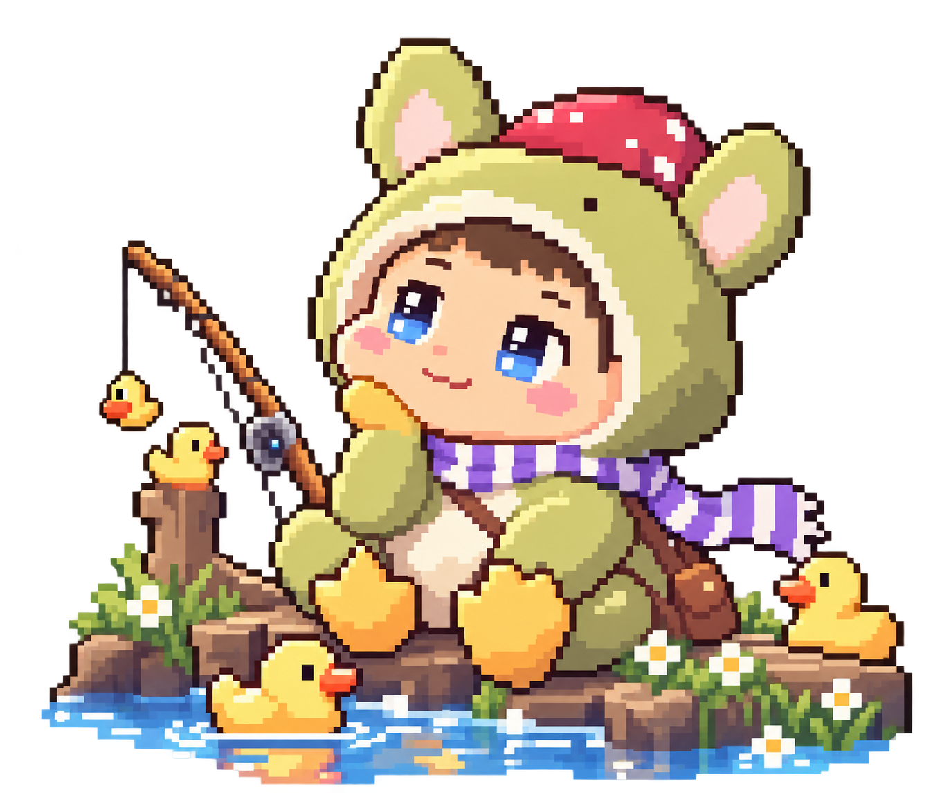 Sighduck fishing from a rock in a pond, surrounded by yellow ducks and flowers